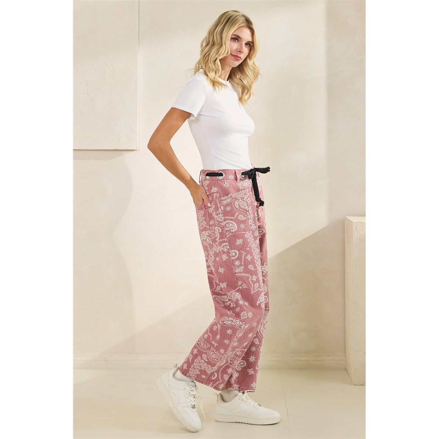 Printed Denim Pants with Belt Detail