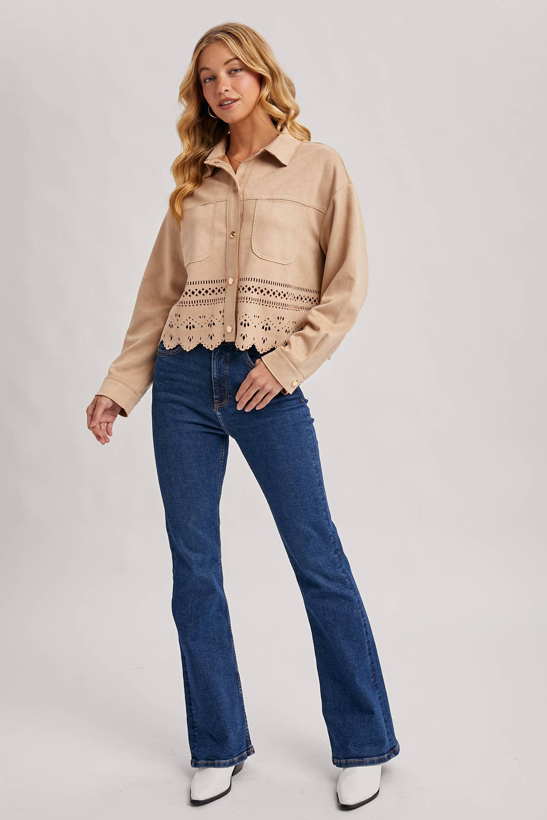 WESTERN BUTTON DOWN DIE-CUT FAUX SUEDE CROPPED JACKET