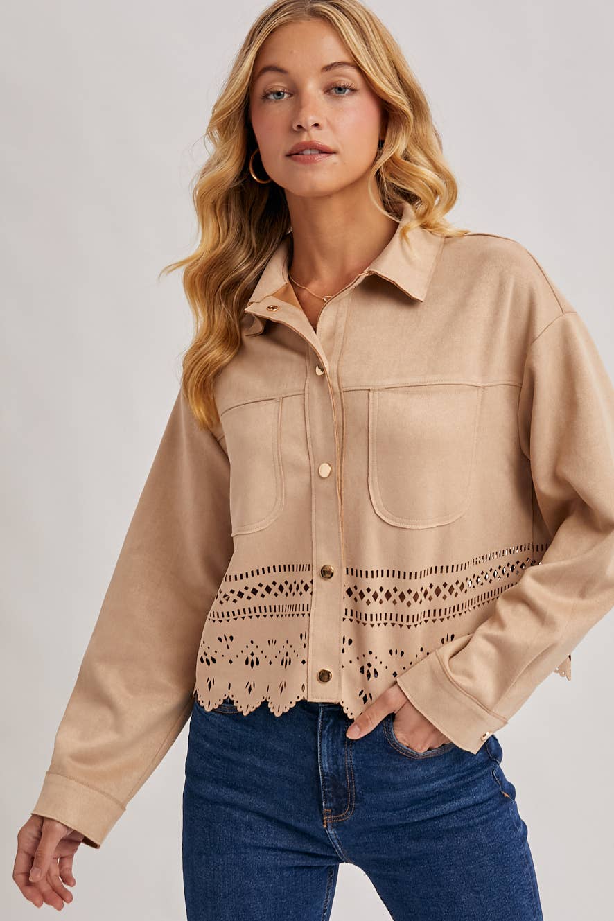 WESTERN BUTTON DOWN DIE-CUT FAUX SUEDE CROPPED JACKET