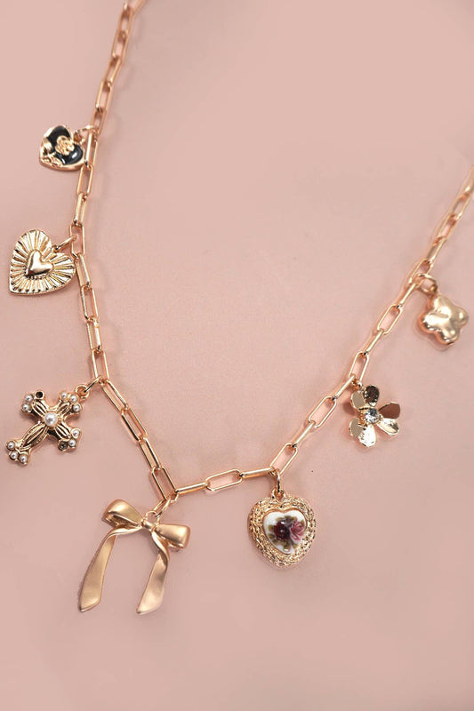 CHARM NECKLACE-PORCELAIN FLORAL BOW CROSS HEART