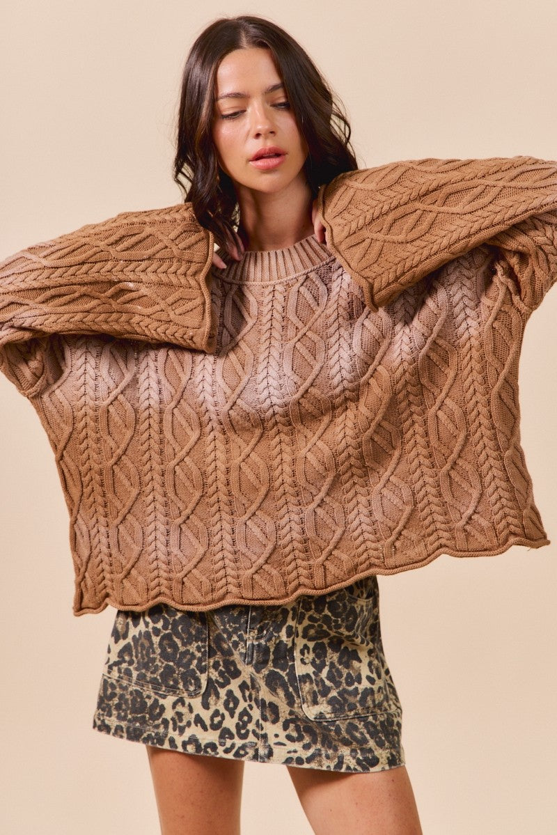 Oversized Acid Washed Cable Knit Sweater Top