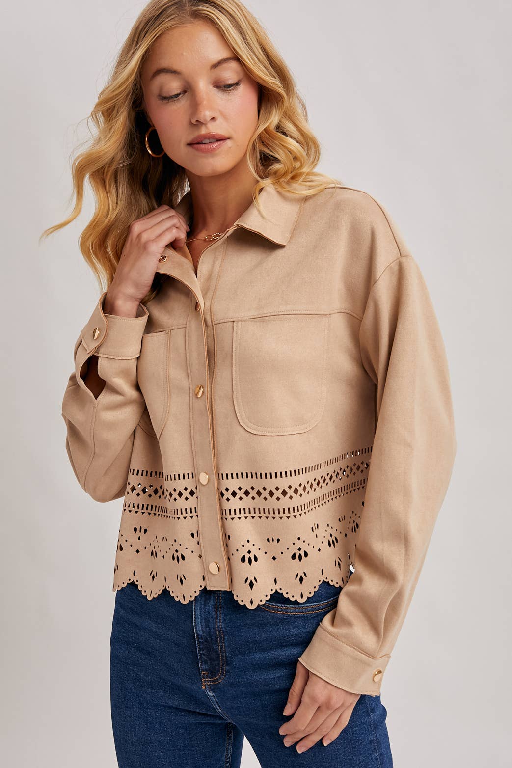 WESTERN BUTTON DOWN DIE-CUT FAUX SUEDE CROPPED JACKET