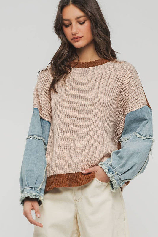 Block Denim Sleeve Casual Sweater