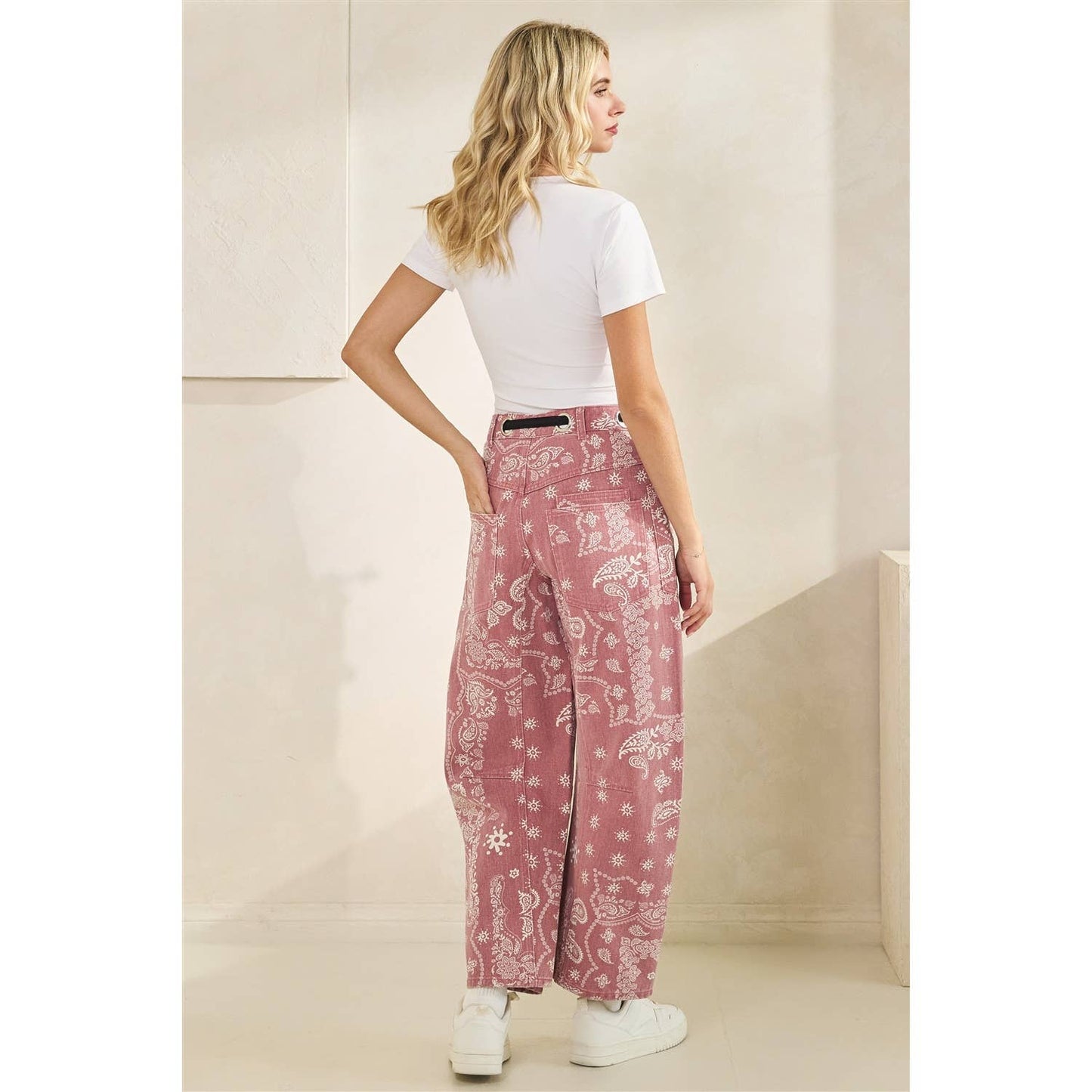Printed Denim Pants with Belt Detail