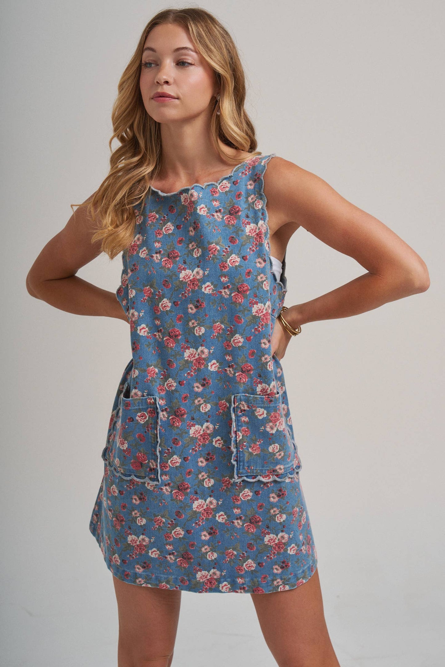 FLORAL DENIM MINI DRESS WITH SCALLOPED EMBROIDERY DETAIL