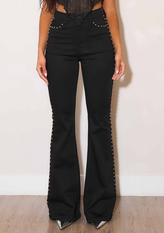 Black High-Rise Flare Jeans With Studs
