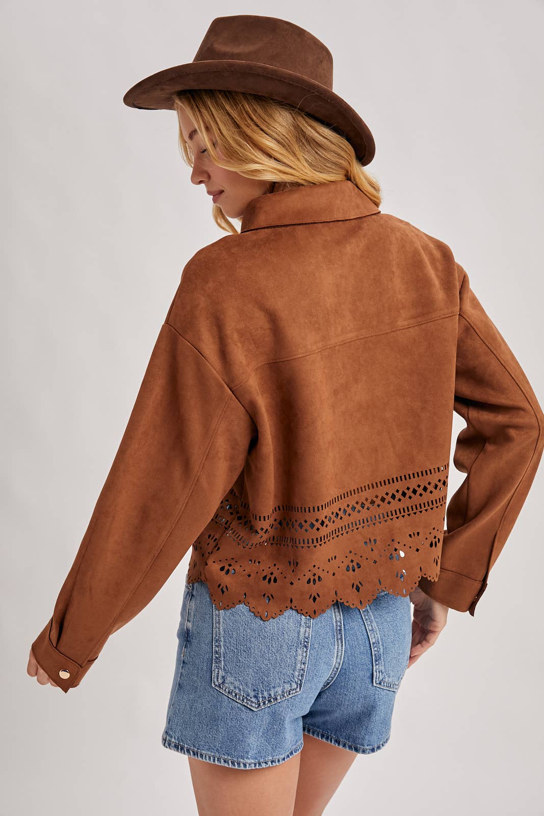 WESTERN BUTTON DOWN DIE-CUT FAUX SUEDE CROPPED JACKET