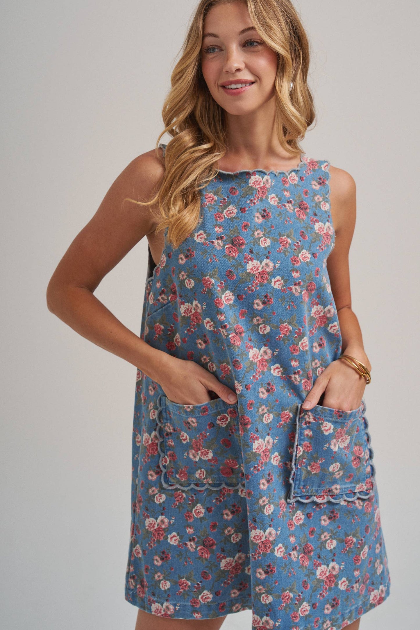 FLORAL DENIM MINI DRESS WITH SCALLOPED EMBROIDERY DETAIL