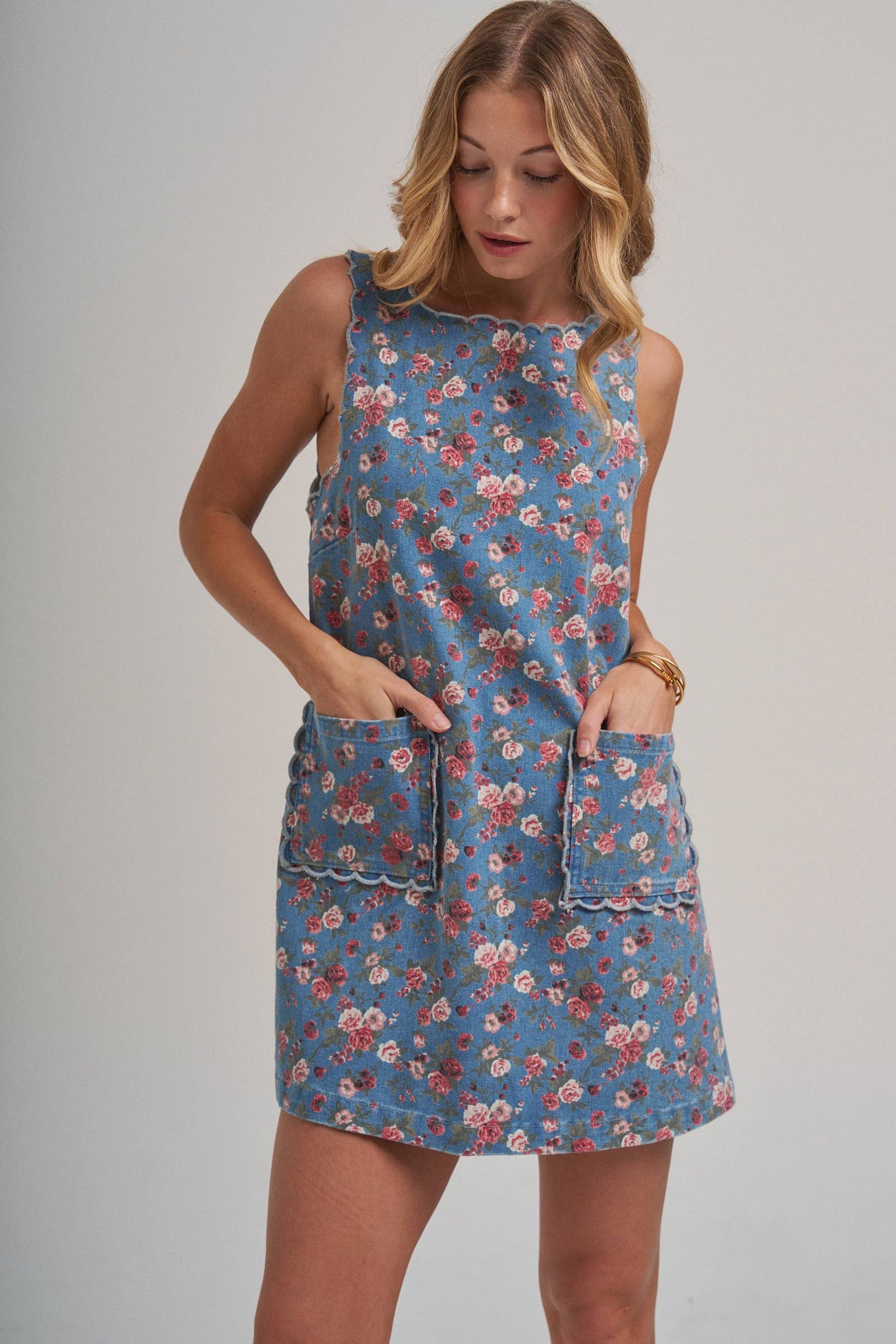 FLORAL DENIM MINI DRESS WITH SCALLOPED EMBROIDERY DETAIL